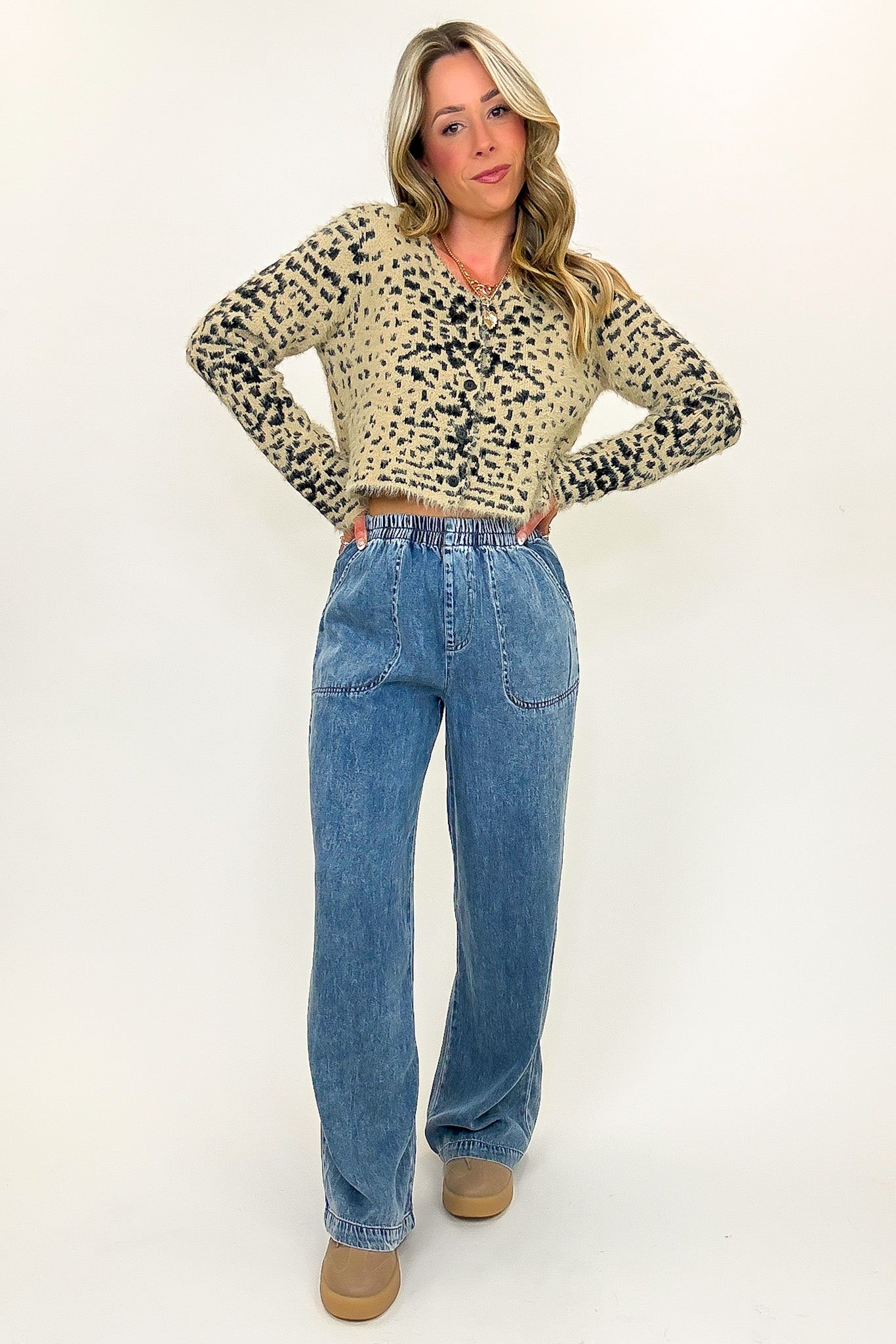 Blue Drift Washed Chambray Elastic Waist Wide Leg Pants