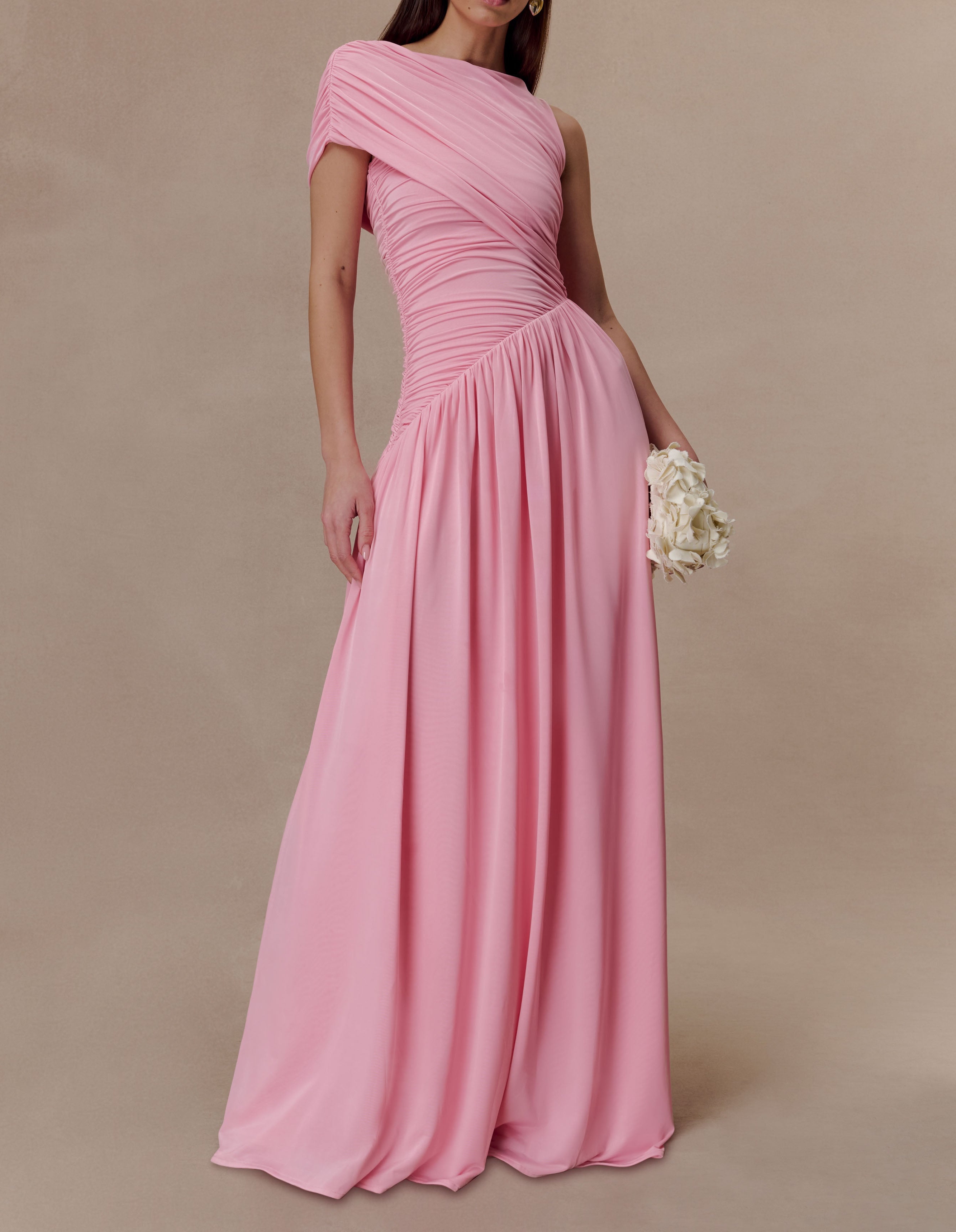 Pink Slinky Asymmetric Maxi Dress