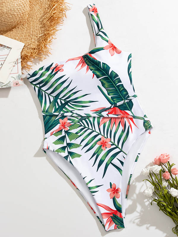 One-Shoulder Monstera Ceriman Bandage One-Piece Swimwear