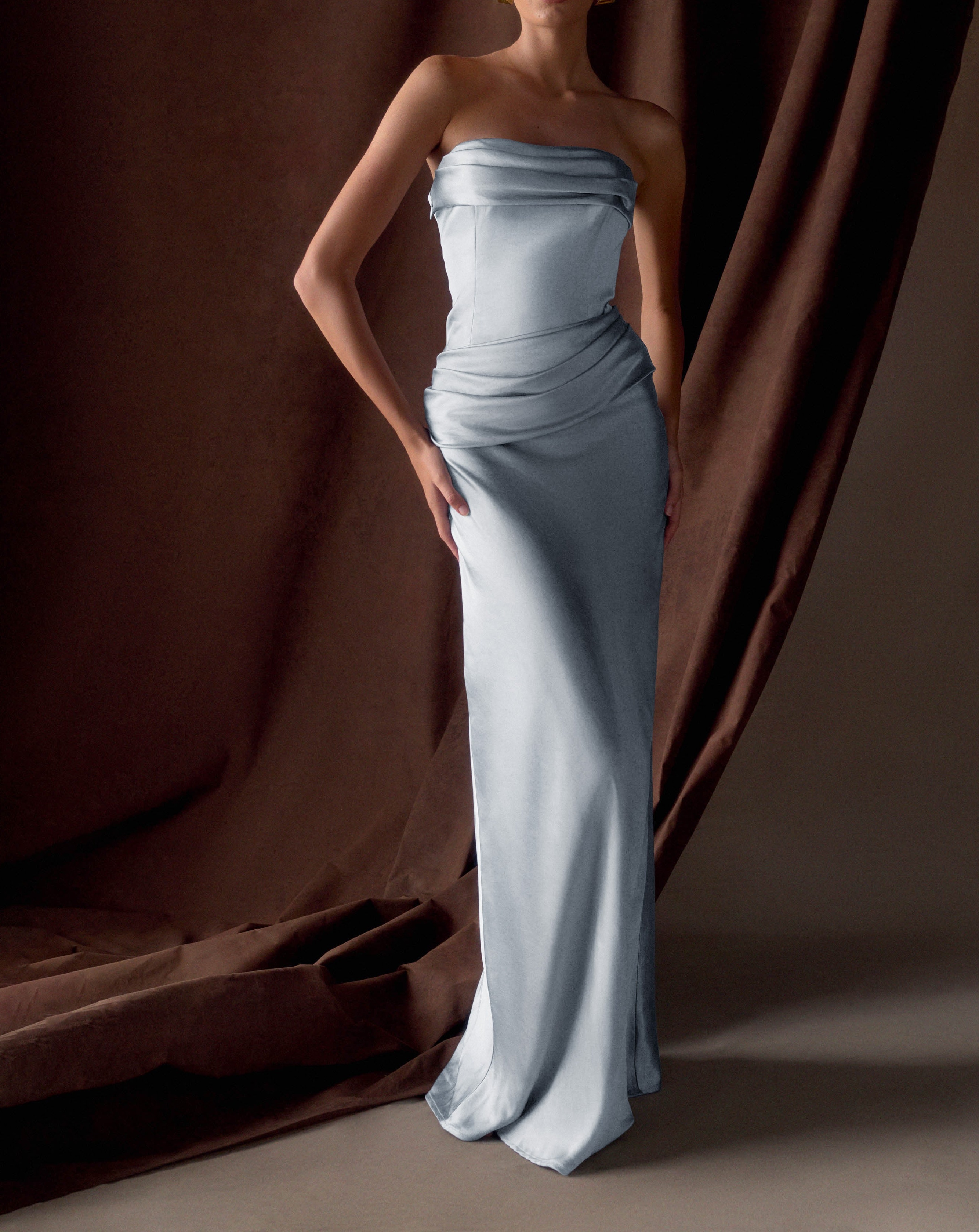 Blue Strapless Satin Maxi Dress