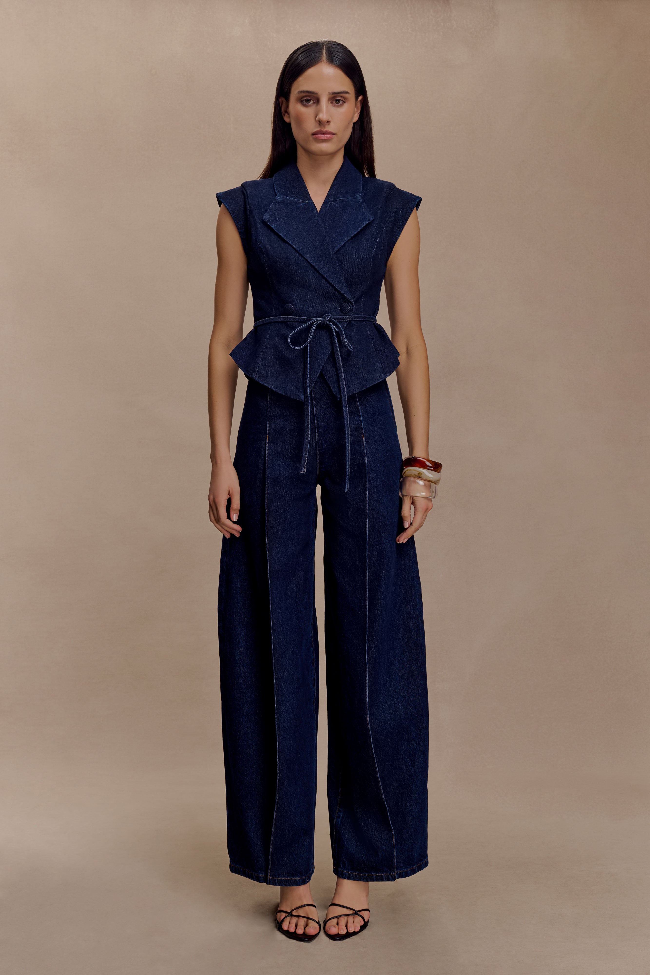 Blue Structured Tie Denim Top