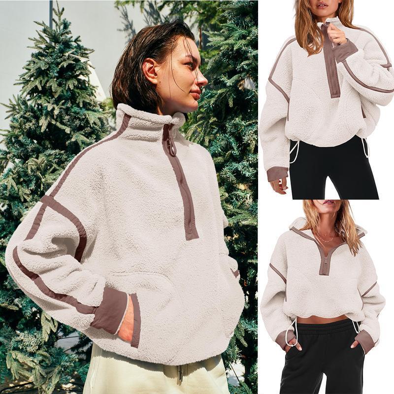 Women's Half Zip Sherpa Fleece Pullover – Color Block Oversized Cozy Sweatshirt with Pockets