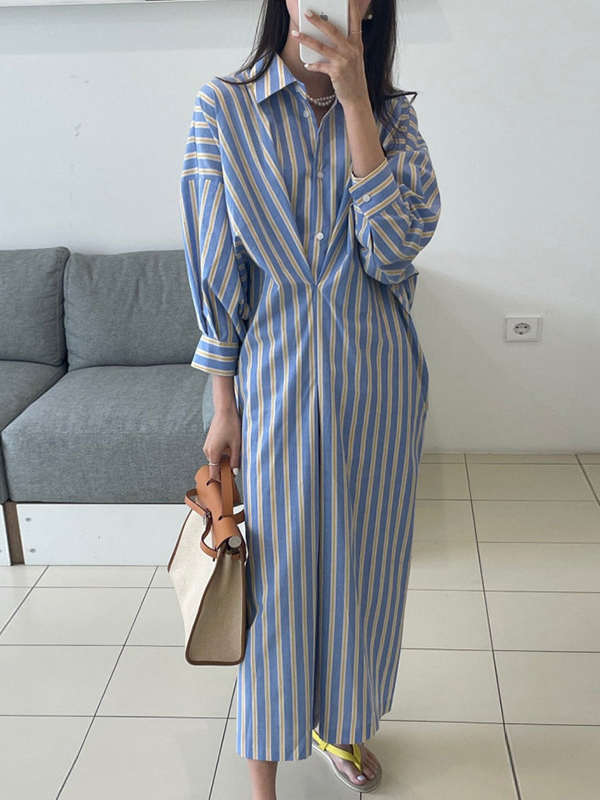Buttoned Contrast Color Pockets Striped Long Sleeves Loose Lapel Shirt Dress Midi Dresses