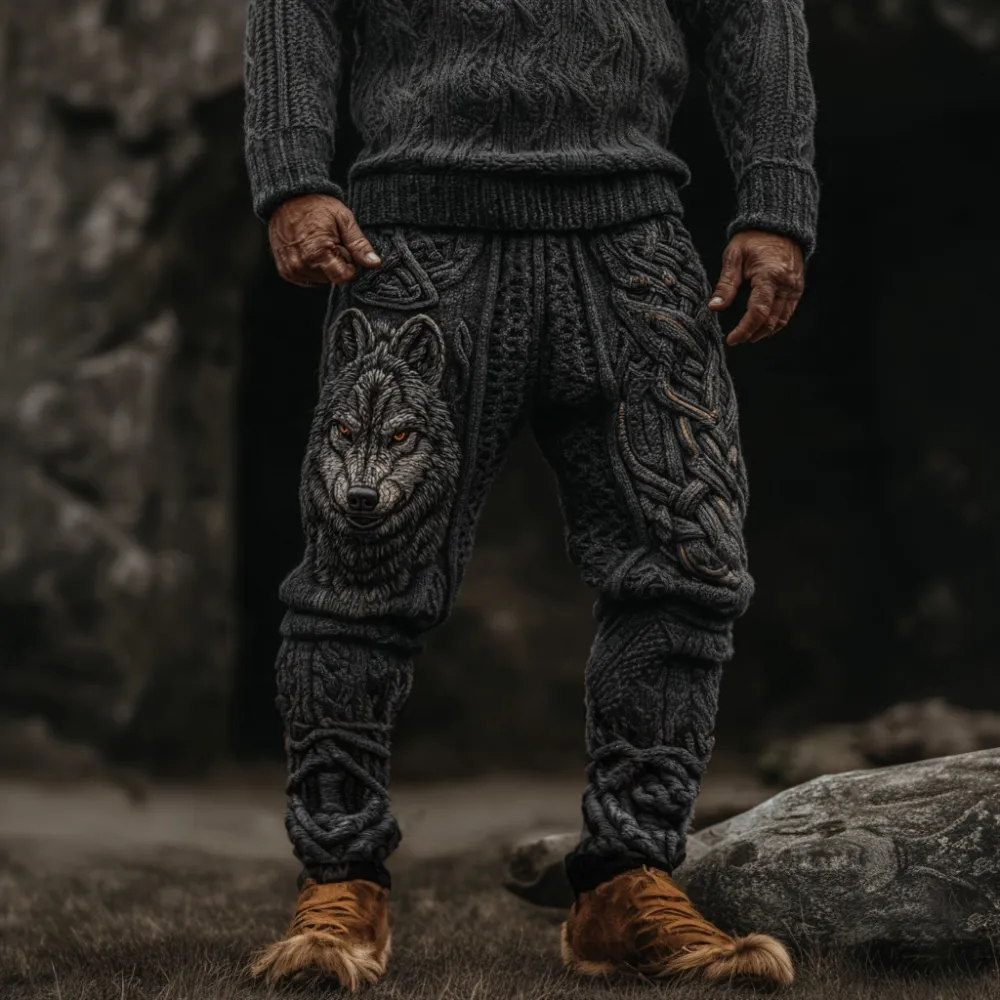 Men's Vintage Viking Wolf Celtic Knot Cozy Chunky Knit Sweatpants