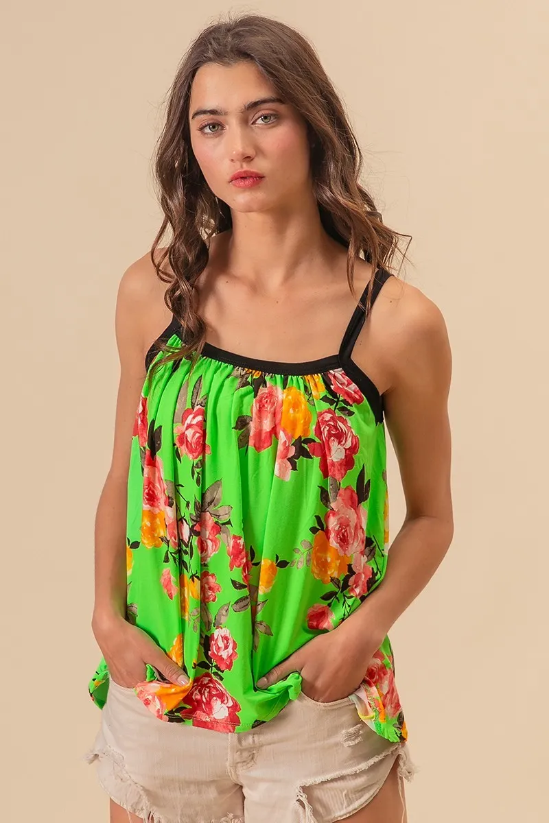 Floral Print Jersey Knit Gathering Cami Top