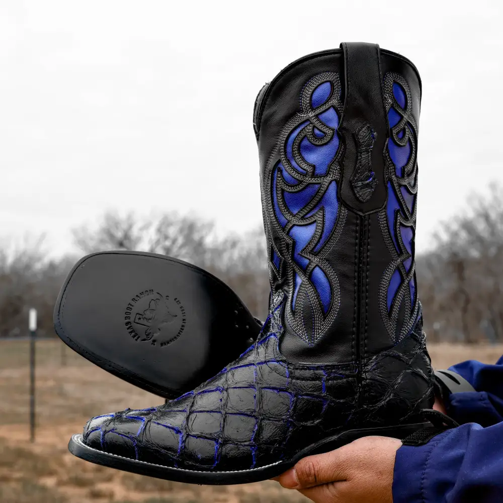 Black/Blue Pirarucu Leather Boots - Square Toe