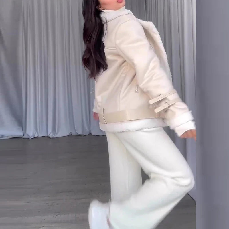 Leather jacket with faux lambskin for women