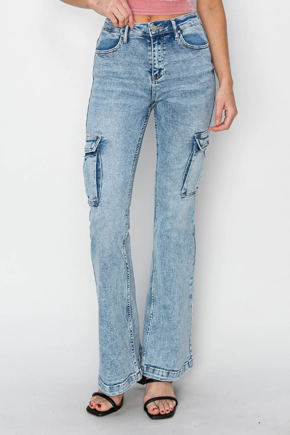 Full Size High Rise Cargo Flare Jeans
