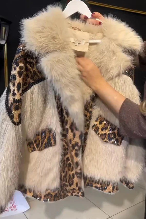 Women Party Plush Large Lapel Leopard Print Sequined Tassel Warm Coat