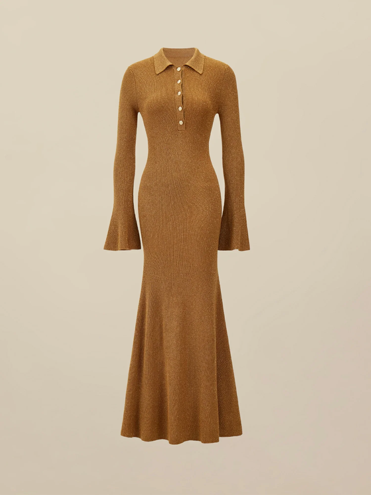 Lapel Long Sleeve Fish Tail Gold Yarn Dress