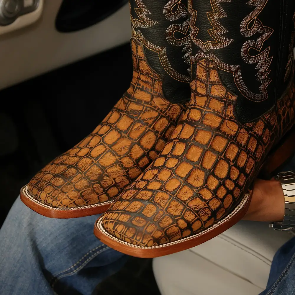 Rustic Honey Argentine Crocodile Leather Boots — Square Toe