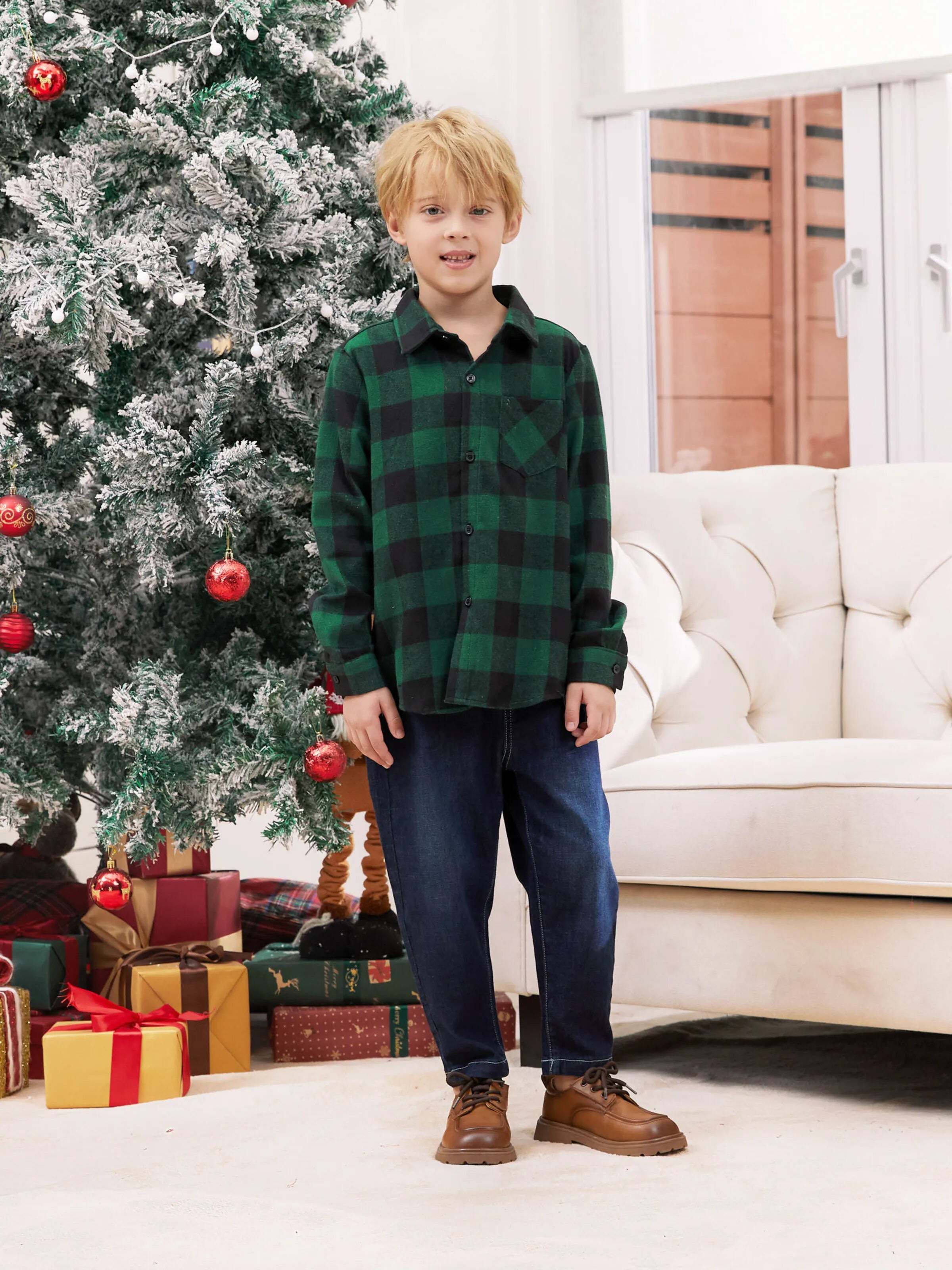 Family Matching Sets Green Plaid Long Sleeves Shirt or Tulle Mesh Dress DarkGreen