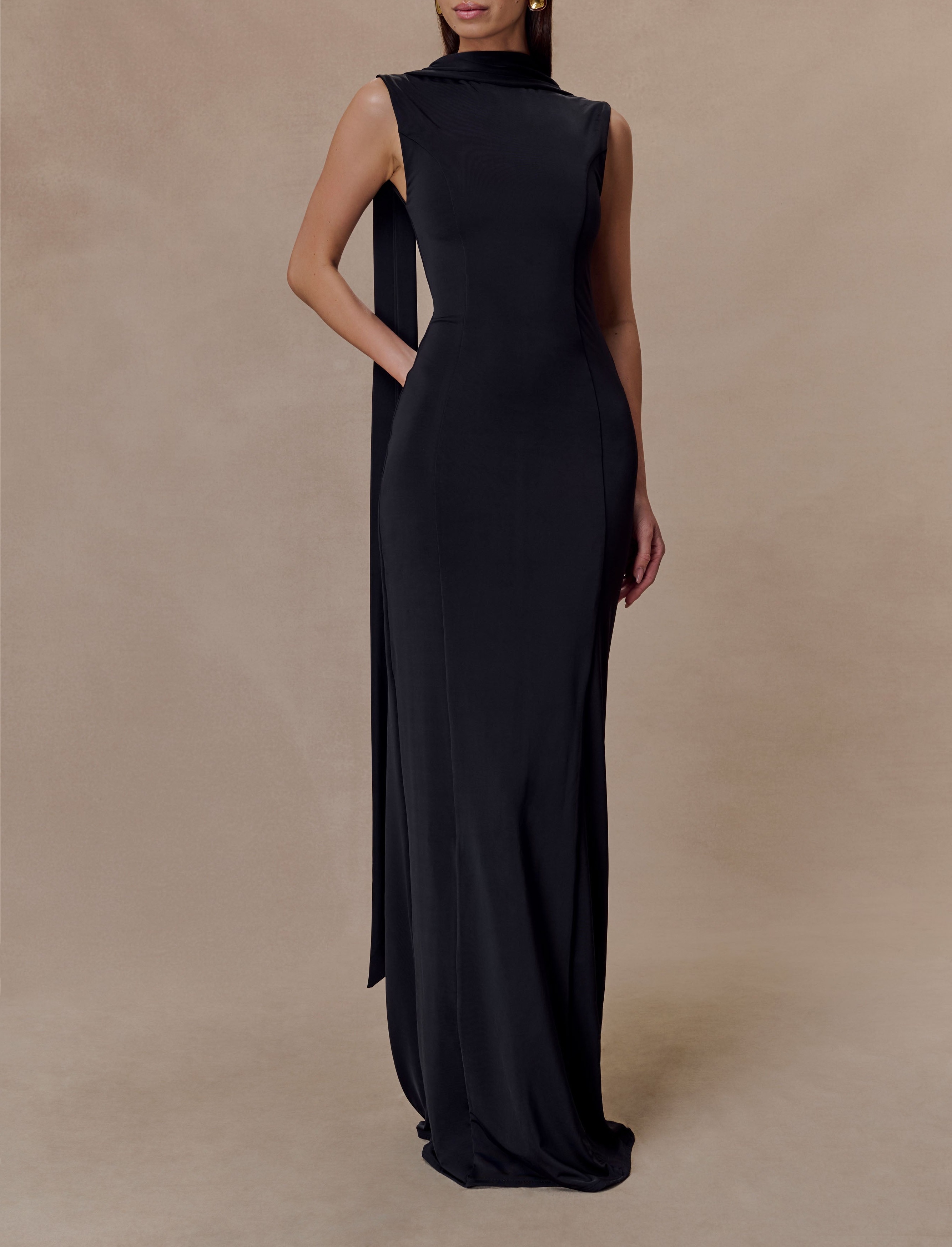 Black Slinky Maxi Dress With Scarf