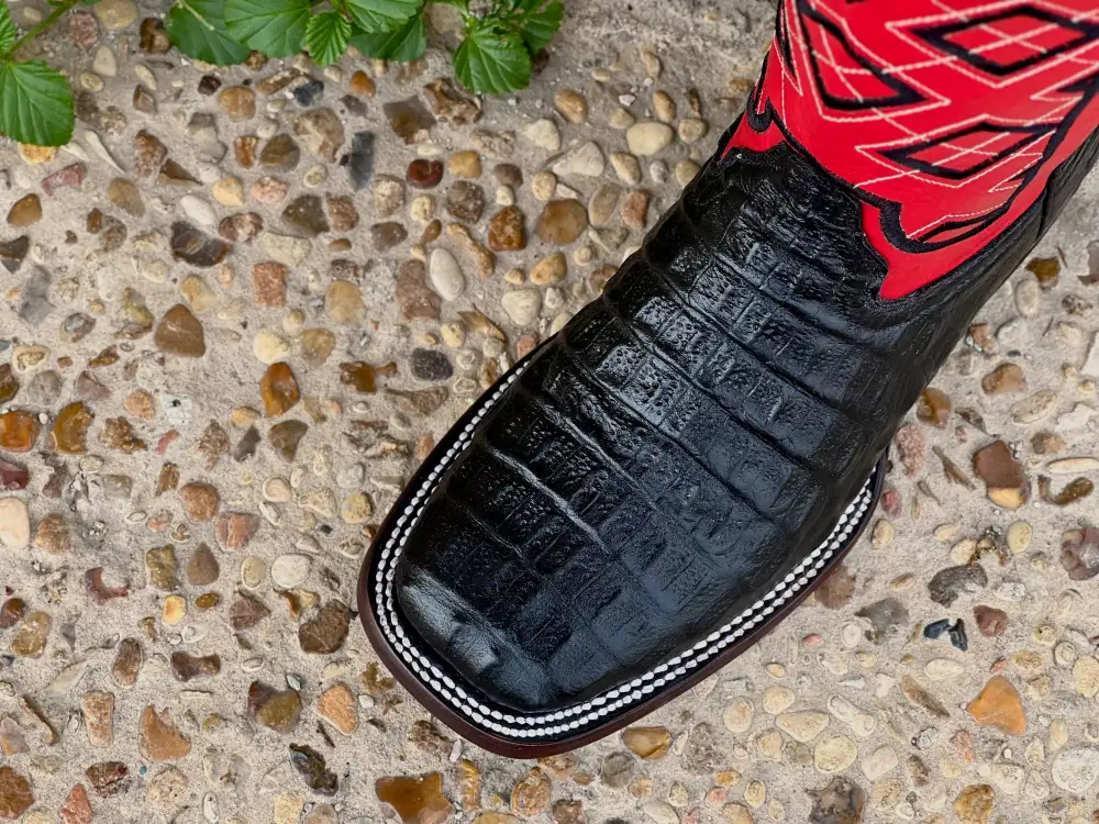 Men’s Black Crocodile Horn-Back Leather Boots With Red Shaft