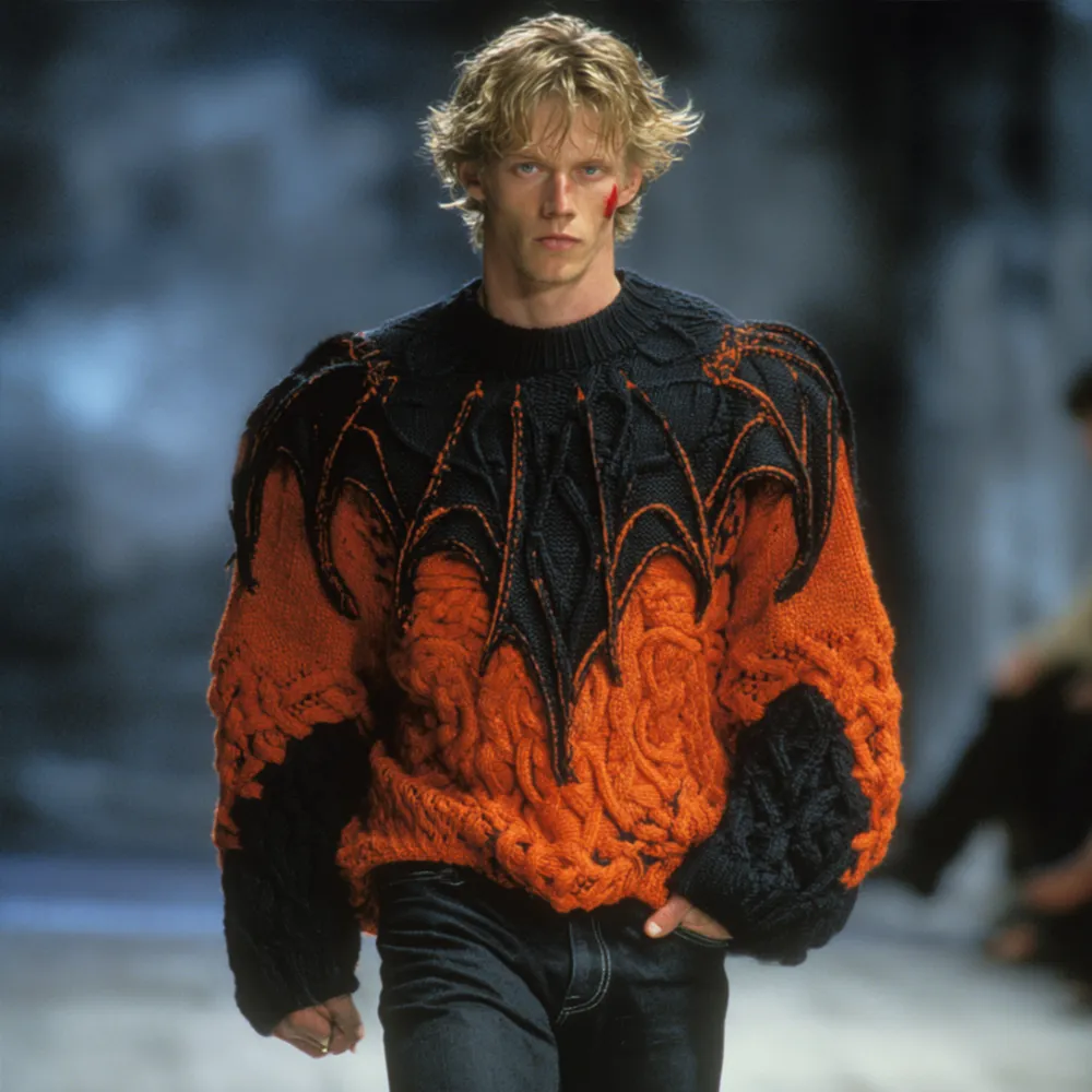 Men's Halloween 3d Embroidered Bat Contrast Warm High Collar Sweater