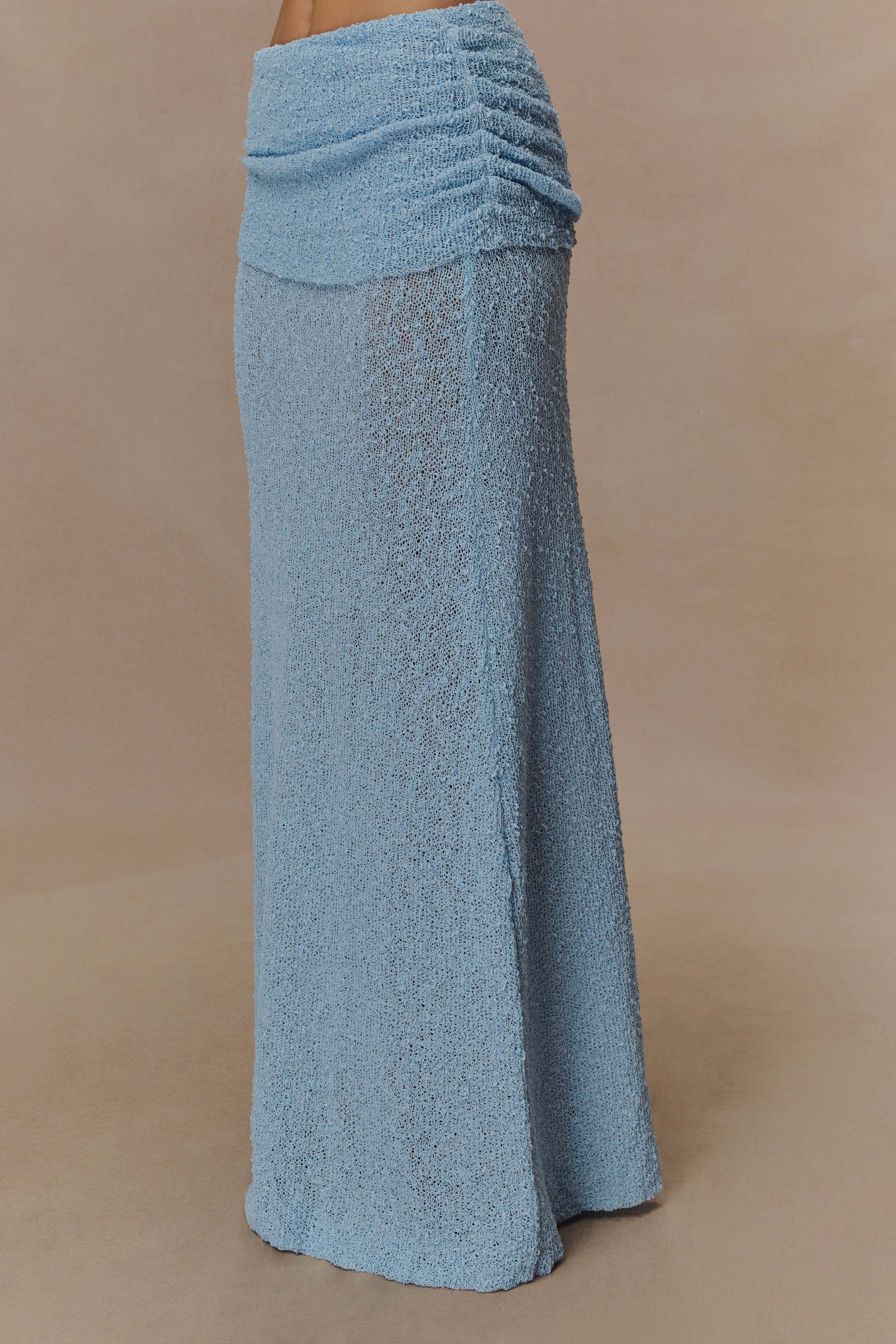 Blue Ruched Knit Maxi Skirt