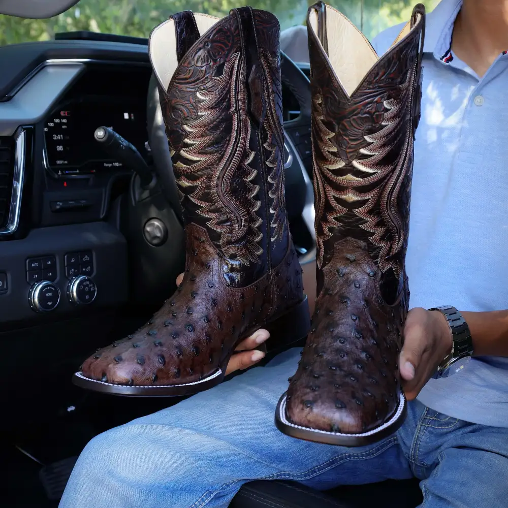Men’s Chocolate Ostrich Leather Boots — Square Toe