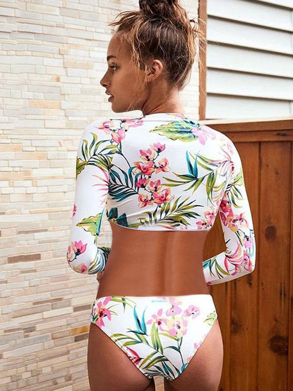 Long Sleeves Leaf Printing Hipster Bikini Rash Guard Swimsuit