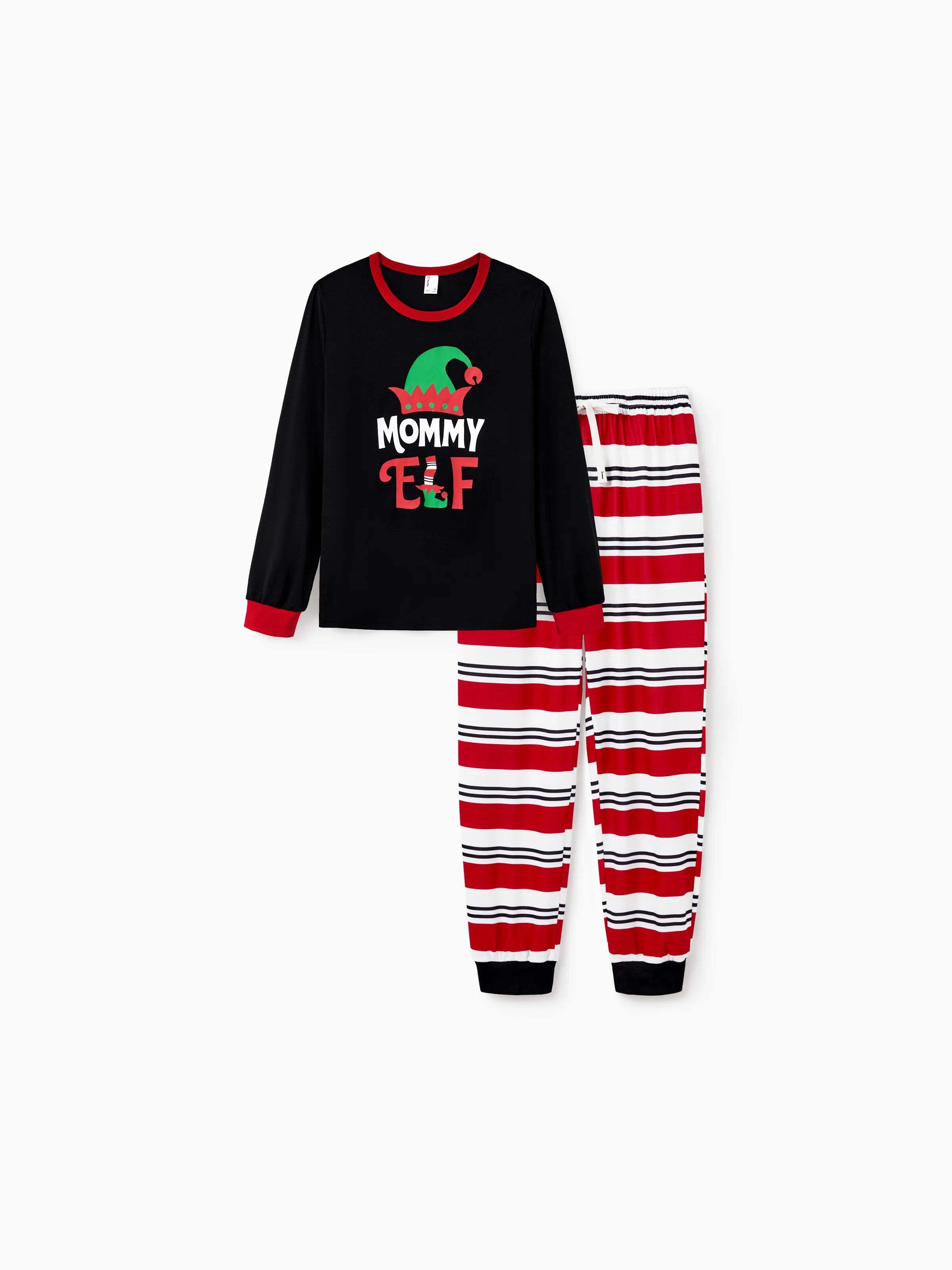 Christmas Matching Family Pajamas Set Elf Print PJS with Christmas Socks Black