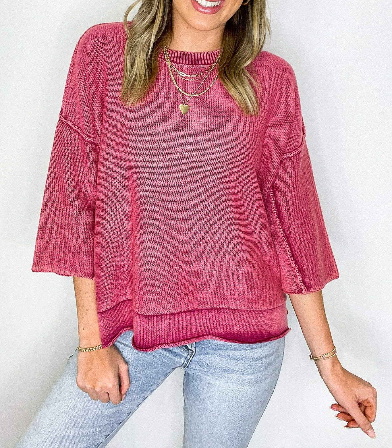 Cozy Fade Washed 3/4 Sleeve Relaxed Sweater