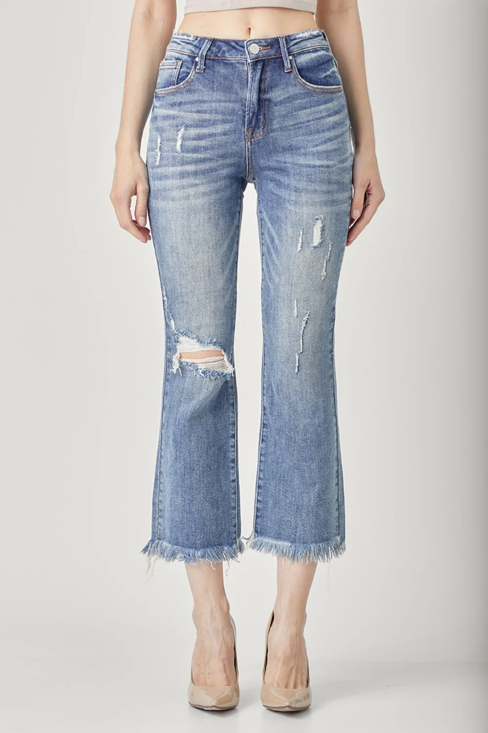 High Waist Distressed Cropped Bootcut Jeans