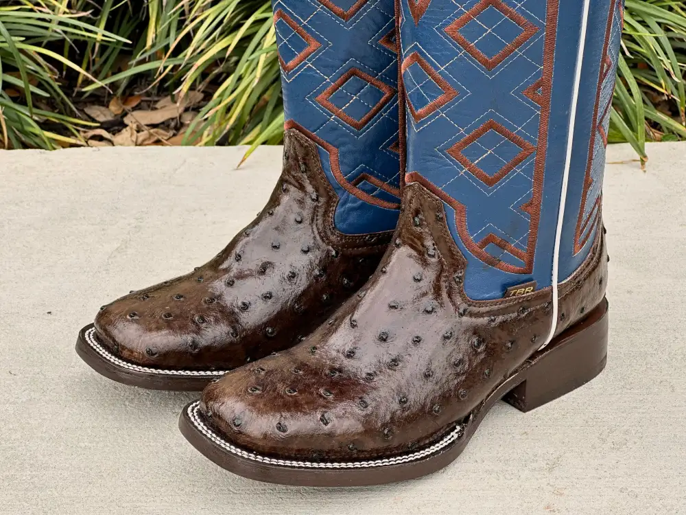 Mens Brown Ostrich Leather Boots With Blue Shaft