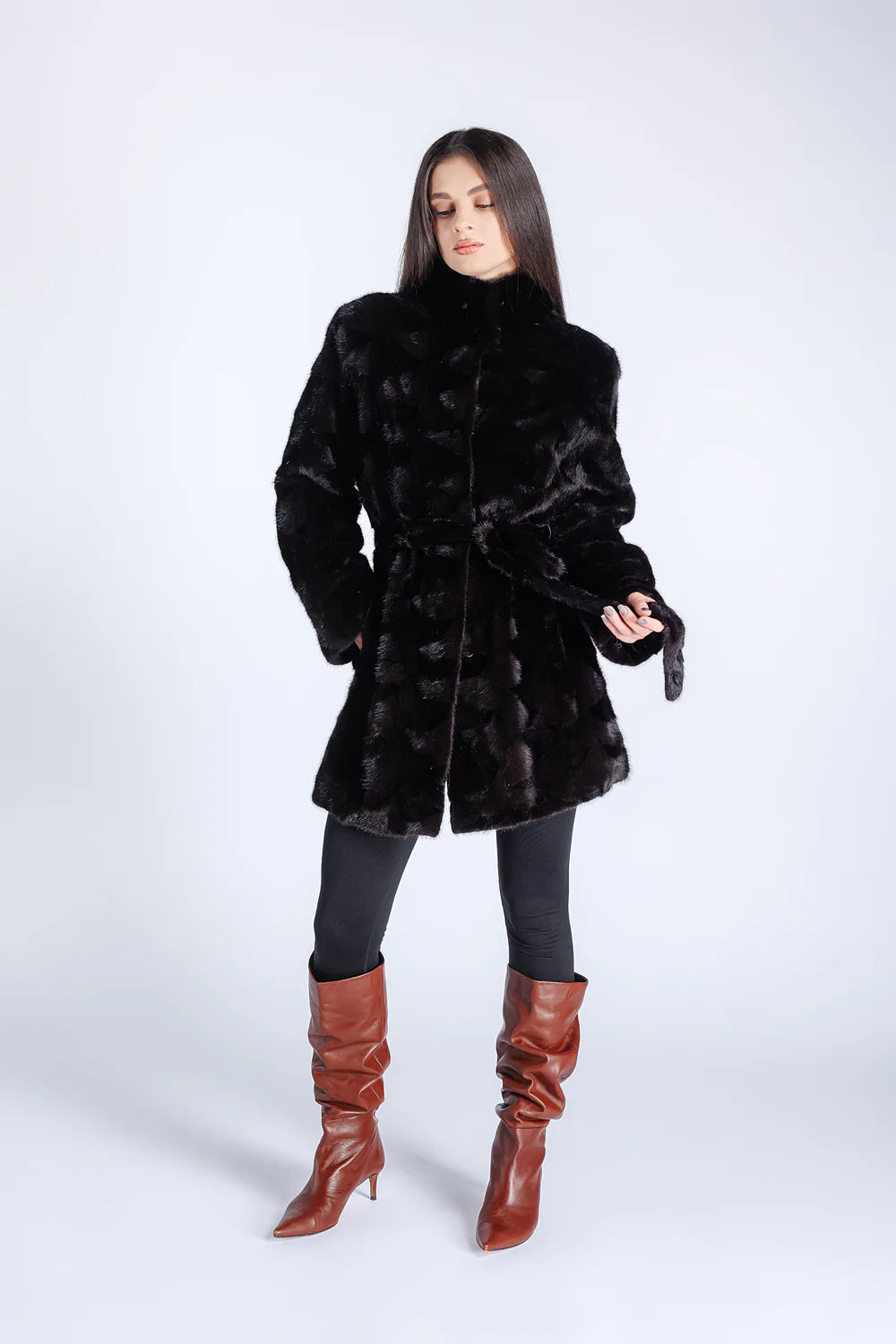 Haină din Blană Naturală de Vizon, Cordon din Blană, Femei, Sable 187