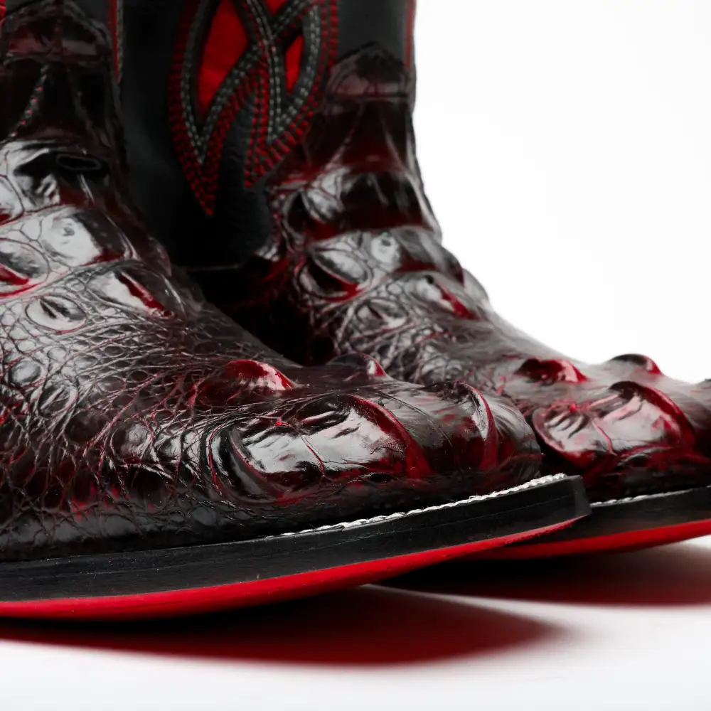 Black Cherry Giant Caiman Neck Leather Boots - Square Toe