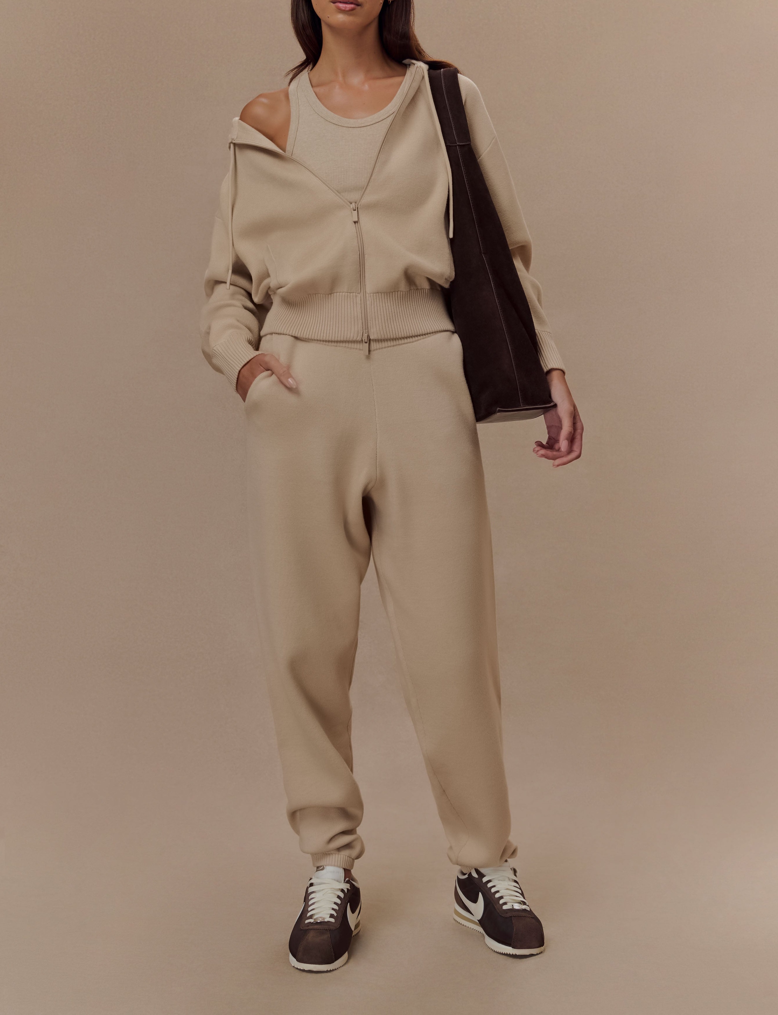 Camel Zip Front Knit Hoodie