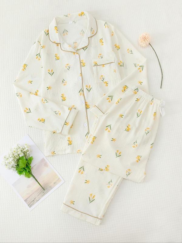 Women's Button Front Blouse & Bow Front Contrast Binding Pants Pyjama Set, Casual Long Sleeve Lapel Top & Trousers, Summer Outfits 2024, Sleepwear for Spring & Fall, National Day Offers