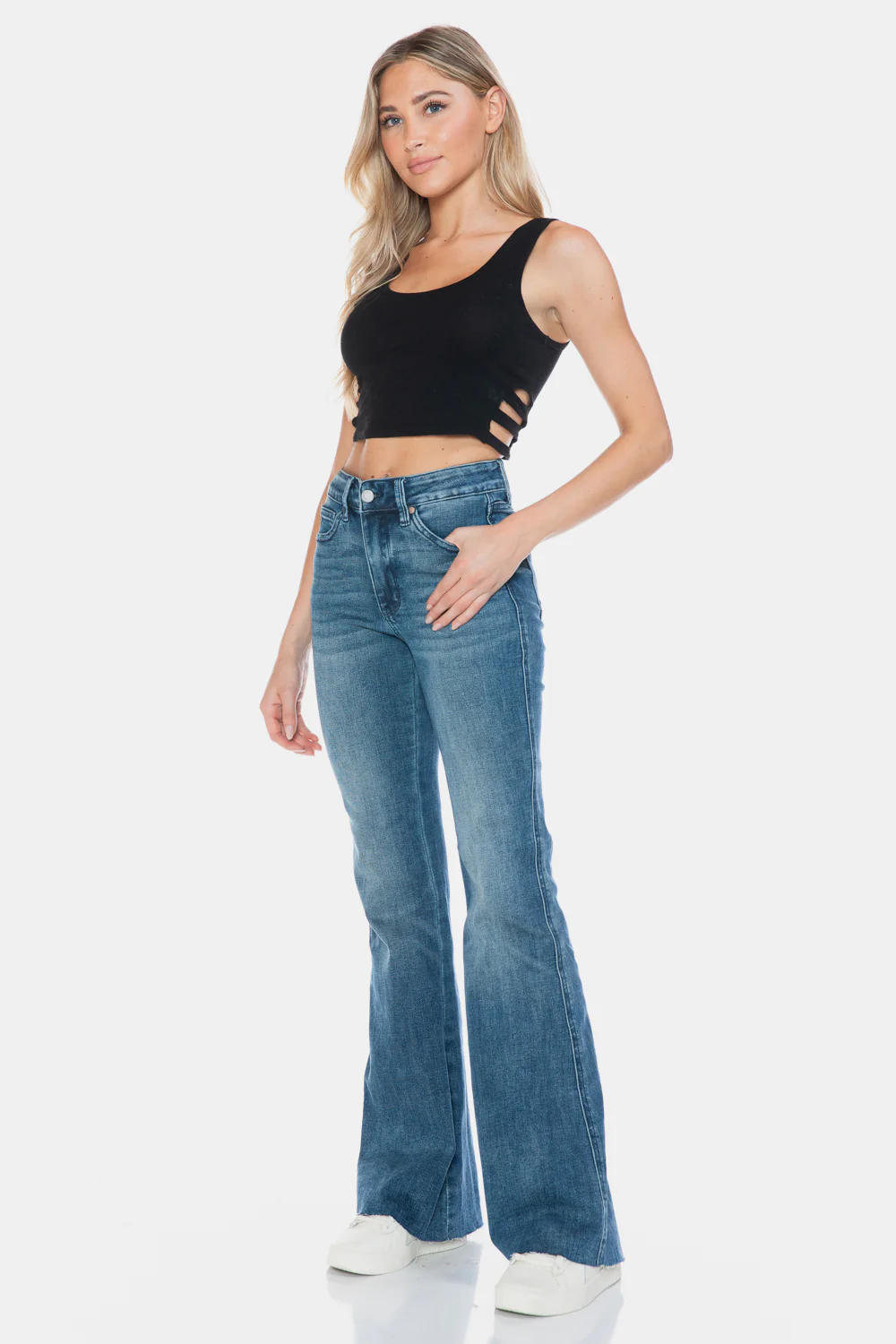 Blue Full Size Tummy Control Cut Hem Flare Jeans