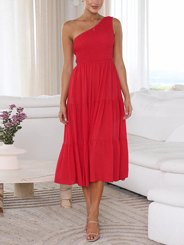 Pleated Solid Color Loose One-shoulder Midi Dresses
