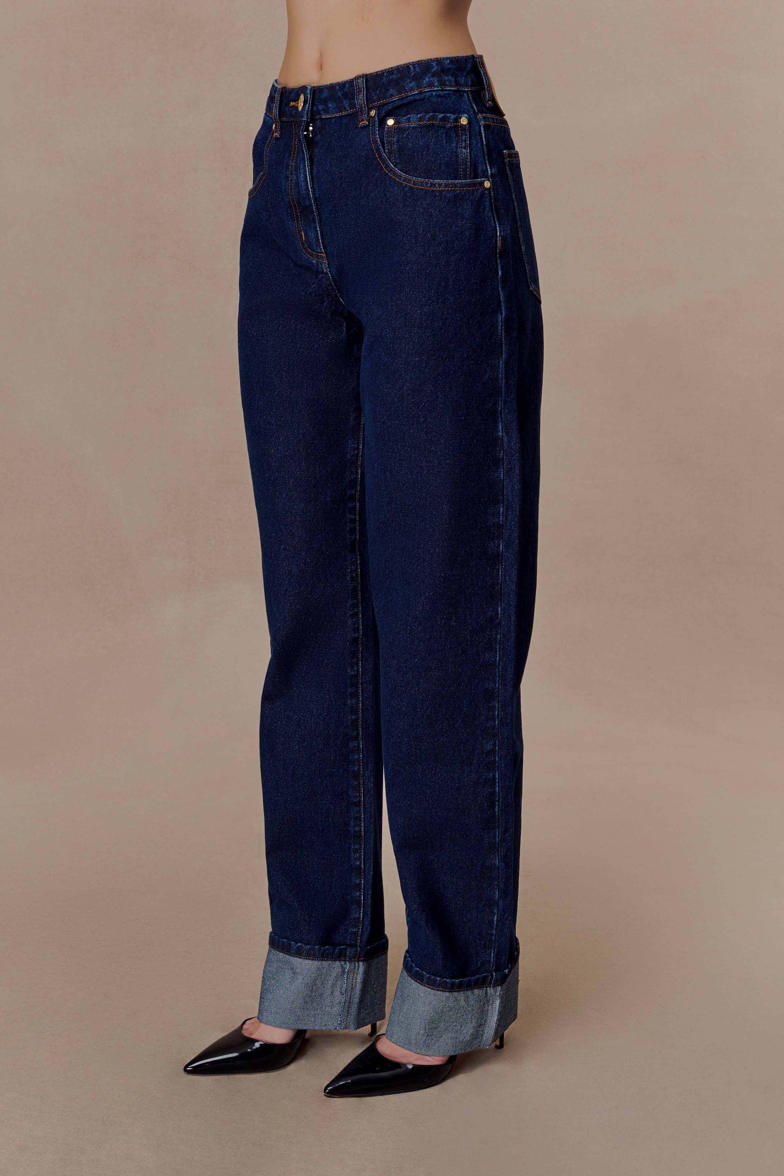 Blue Straight Leg Cuffed Jeans