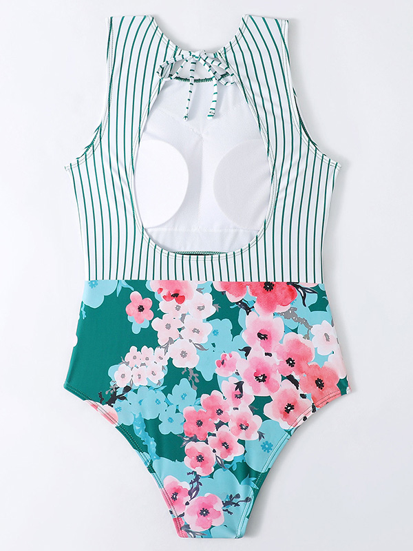 Striped+Floral Printed Split-Joint One-Piece Swimwear