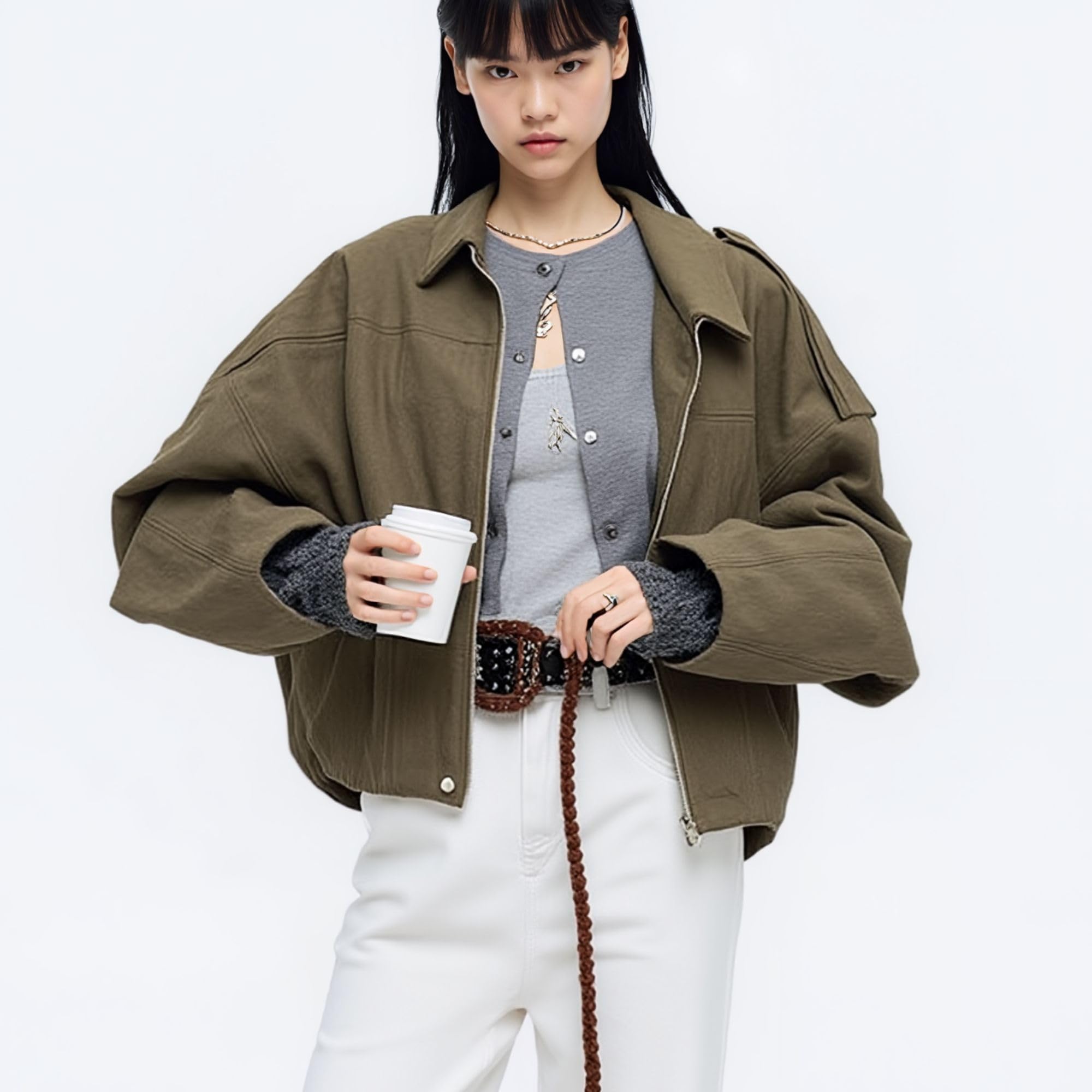 Xunger Women's Faux Suede Bomber Jacket Spring Lapel Pilot Coat Casual Oversized Long Sleeves Trendy Streetwear Outerwear