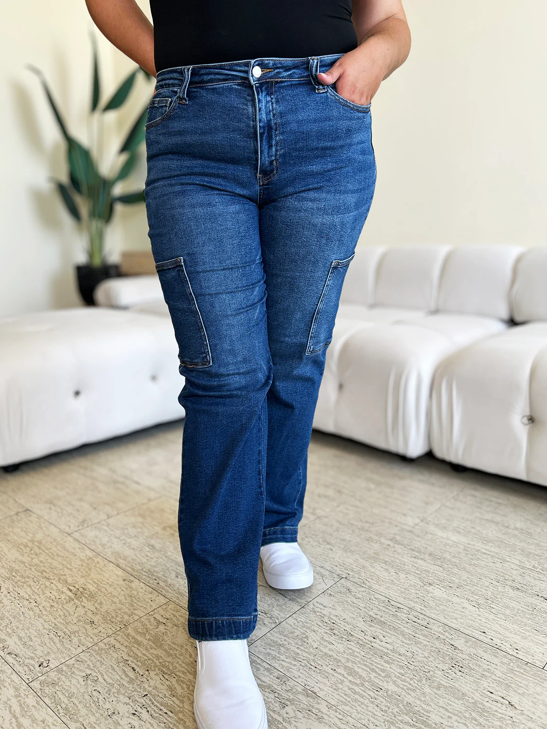 Blue Full Size High Waist Straight Cargo Jeans