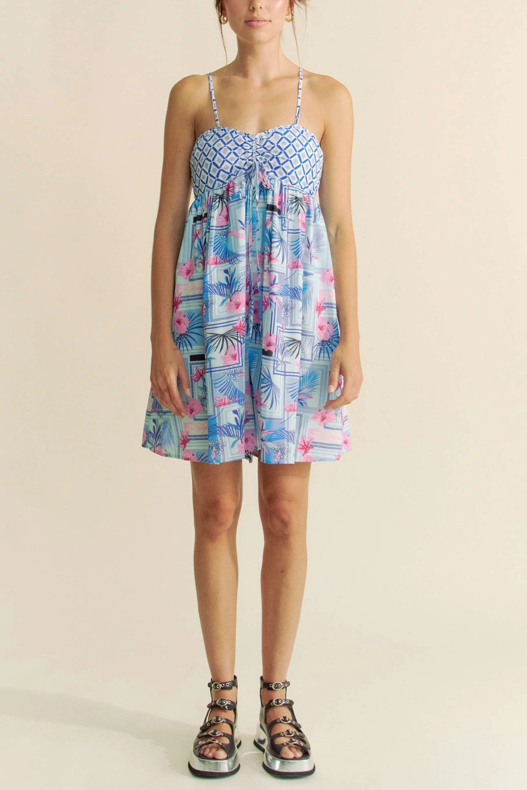 Tropical Floral Geo Print Tie Back Tube Top Romper