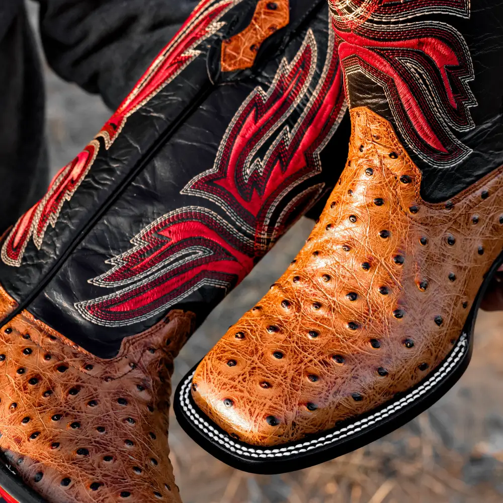 Distressed Cognac Ostrich Leather Boots - Square Toe