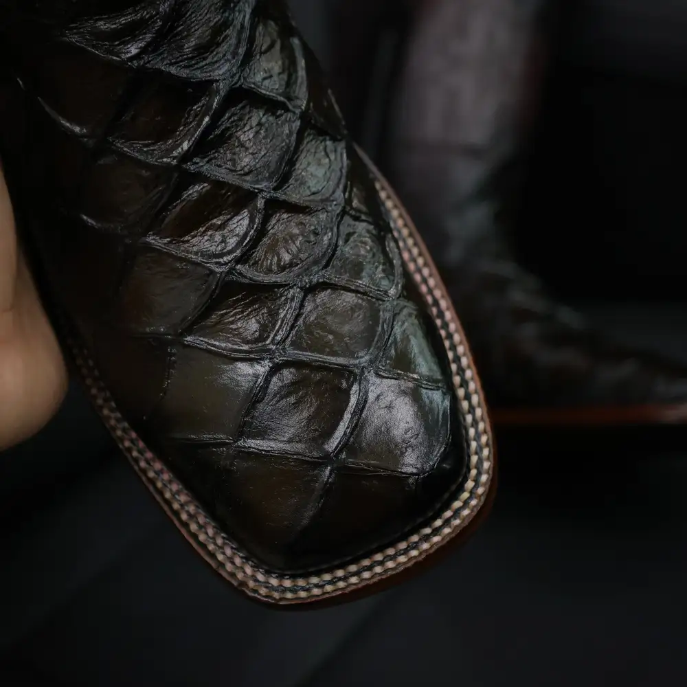 Wine Pirarucu Leather Boots — Square Toe