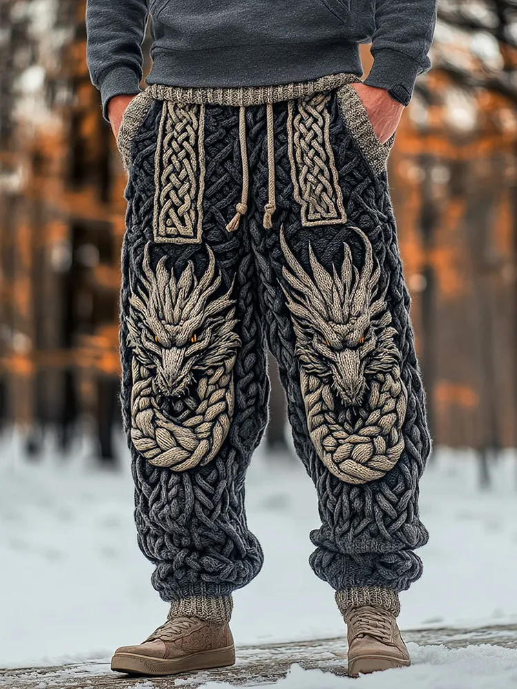 Men's Viking  Dragon Celtic Knotart Wide Leg Warm Knit Pants
