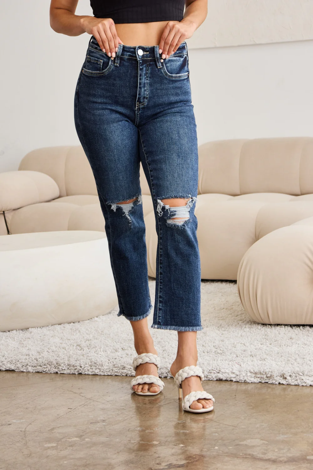 Crop Full Size Tummy Control Distressed High Waist Raw Hem Jeans