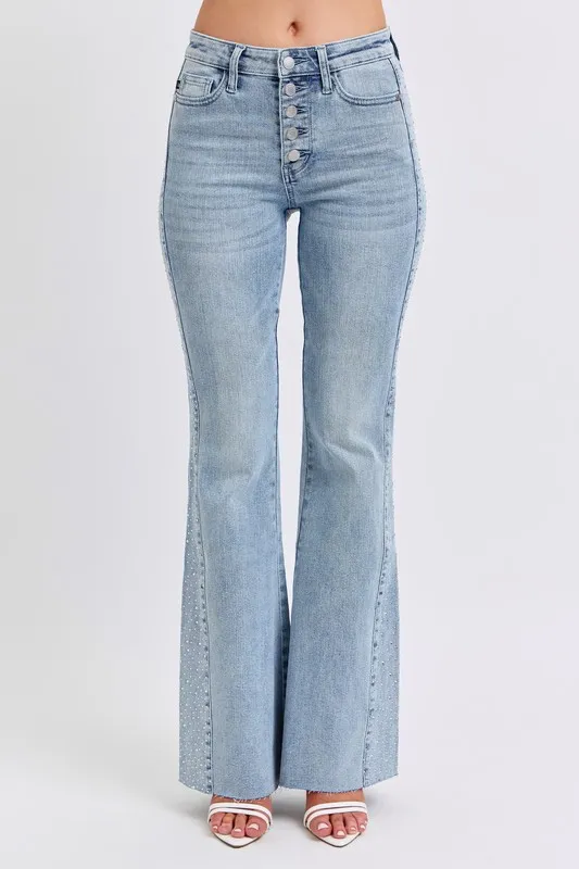 Blue Full Size Midi Rise Rhinestone Side Panel Detail Flare Jeans Plus Size