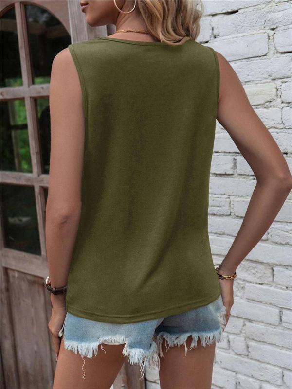 Hollow Knot Pleated Solid Color Sleeveless Round-Neck Vest Top