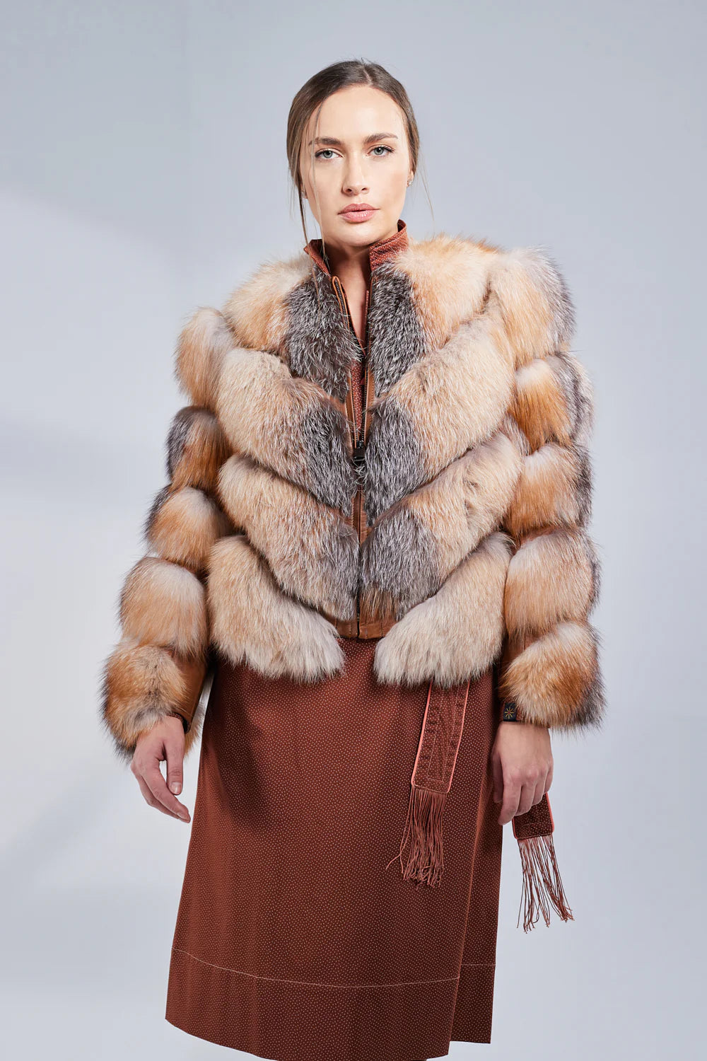 Haină din Blană Naturală de Vulpe, V Model, Transformabilă, Femei, Brown Frost 275