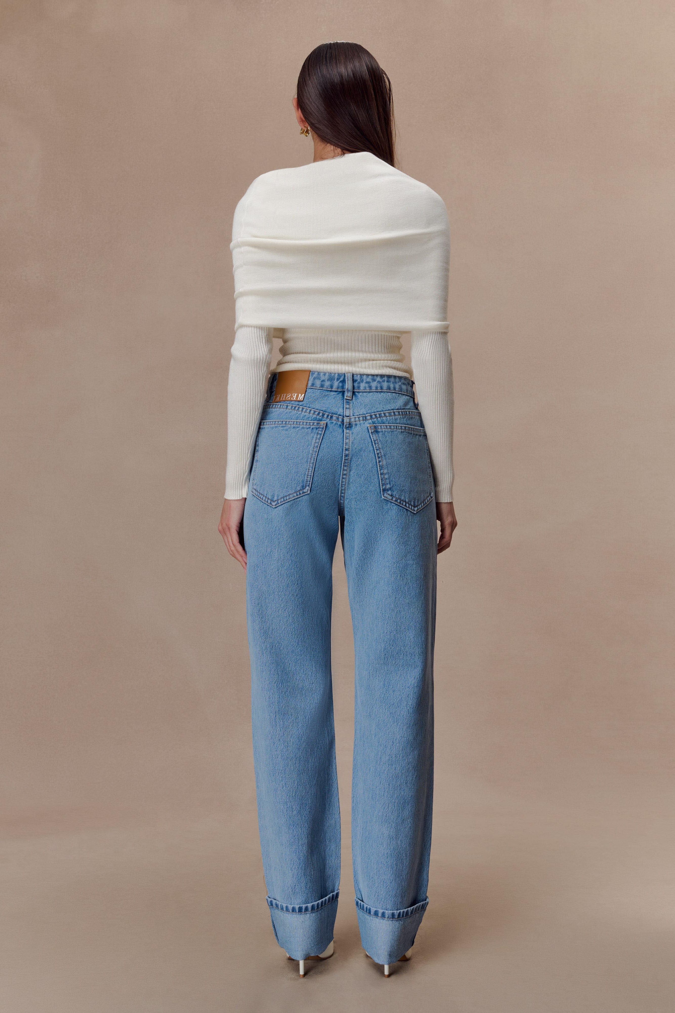 Blue Straight Leg Cuffed Jeans