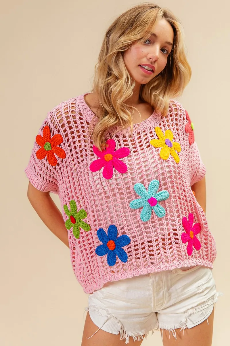 Flower Patches Short Sleeve Knit Cover Up