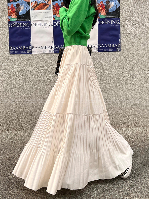 Pleated Solid Color Split-Joint A-Line High Waisted Skirts Bottoms