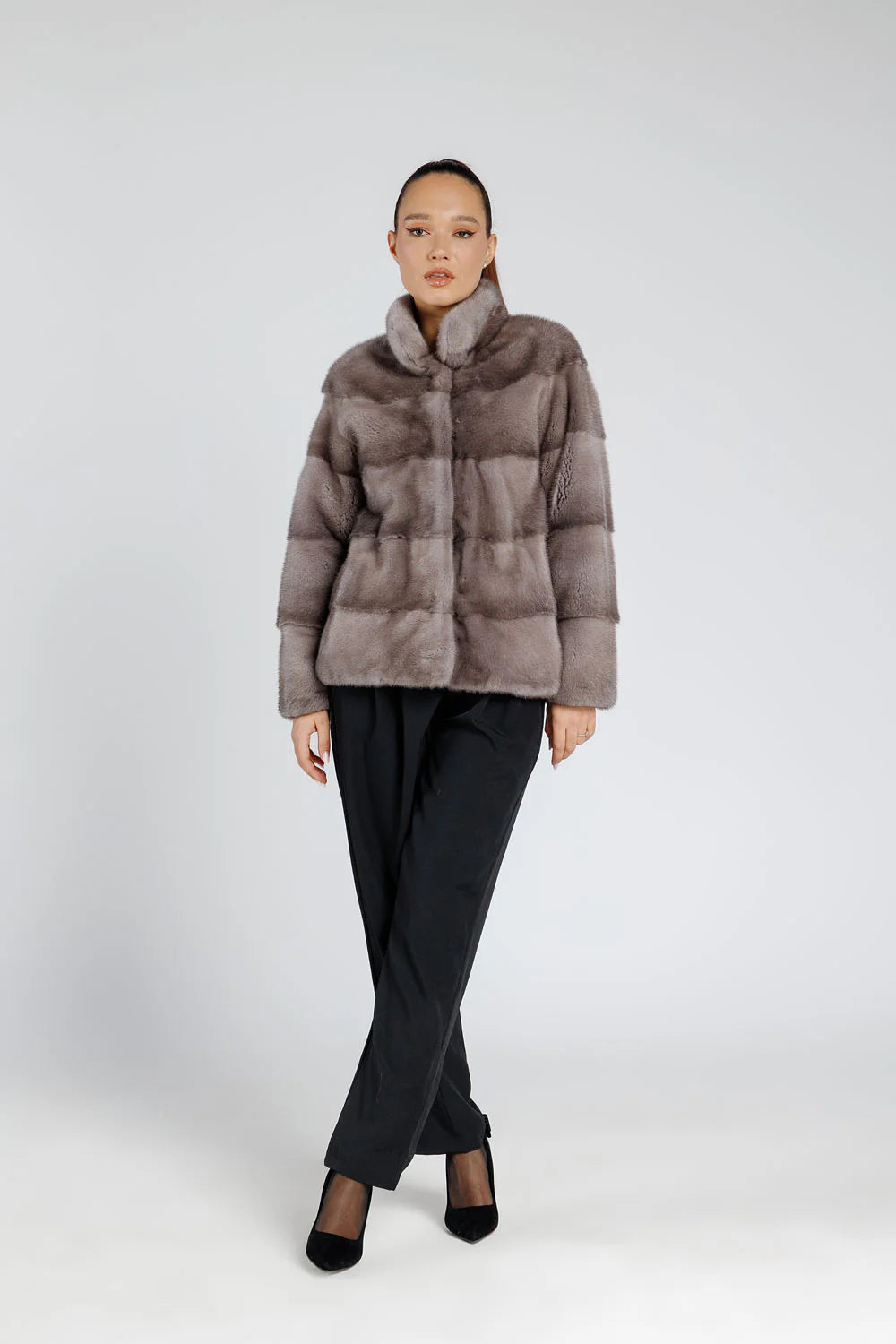 Haină din Blană Naturală de Vizon, Short, Femei, Silver Blue 233