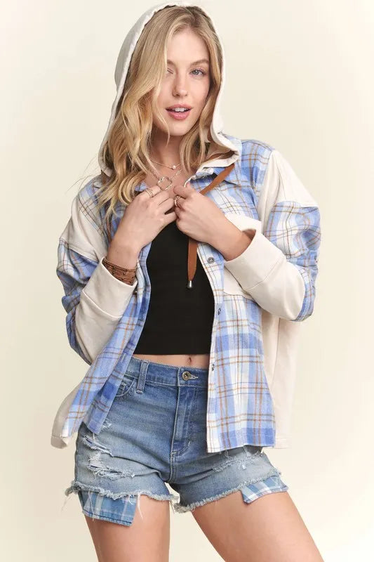 Button Down Plaid Hoodie Shacket