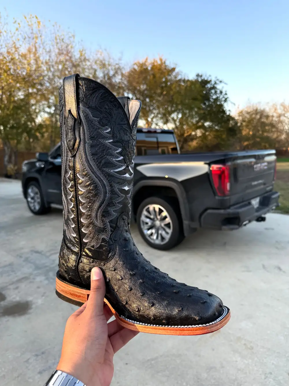 Black Ostrich Leather Boots - Square Toe
